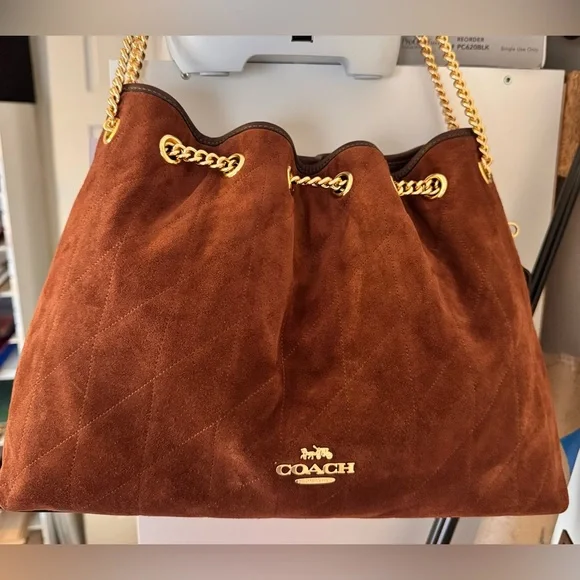 Coach NWT Honey Brown Suede Evelyn Large Shoulder Bag - Picture 1 of 13